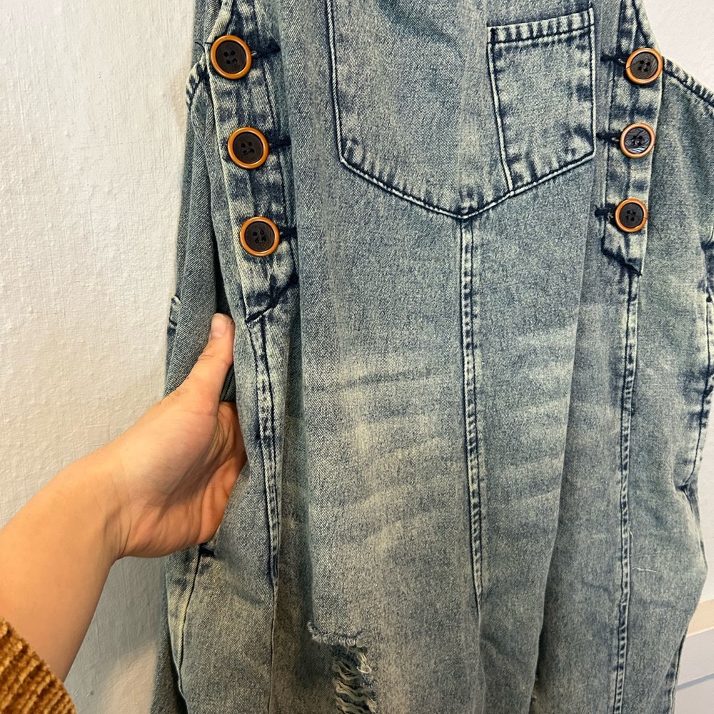 Three Bird Nest Distressed Blue Denim Overalls - Picture 6 of 9